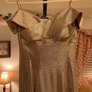 Night Way Formal Evening Gown Metallic Gold Spaghetti Straps